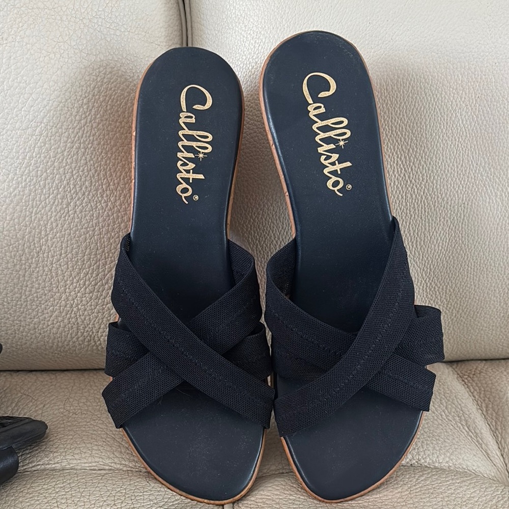 Callisto Black Slide Sandals with Criss-Cross Straps
